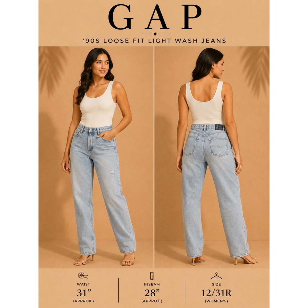 Gap Denim 90s Loose High Rise Distressed Light Wash Jeans Womens Size 12/31R